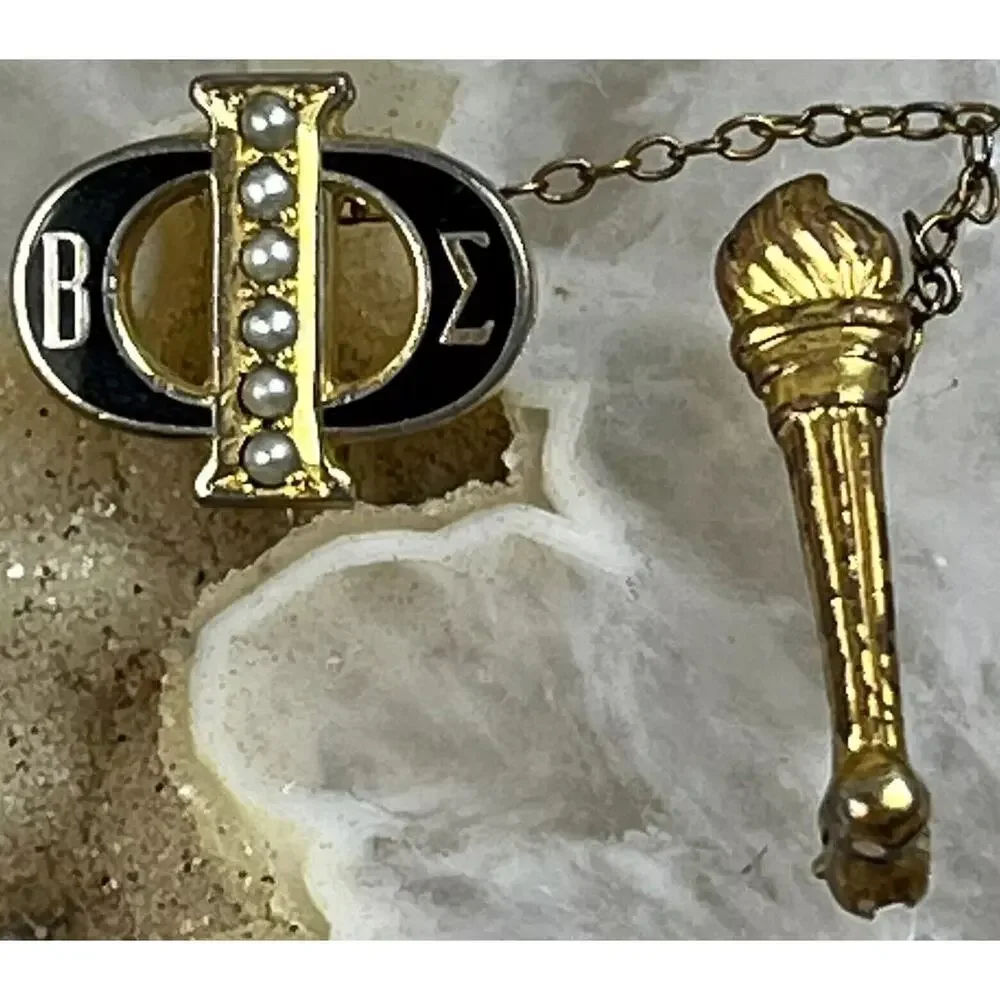 Golden BETA SIGMA PI Pearl Torch Preceptor- Gold Plate Gavel Sorority Pin - VTG